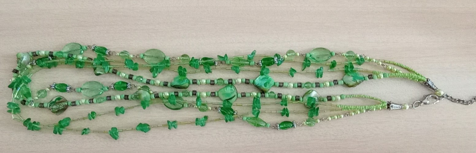 Green beaded multi strand necklace silver tone 30″