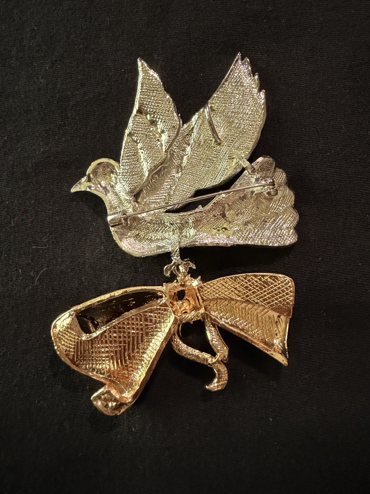 Silver Tone Clear Rhinestone Bird Brooch Pin w Red Enamel Bow 3.25in