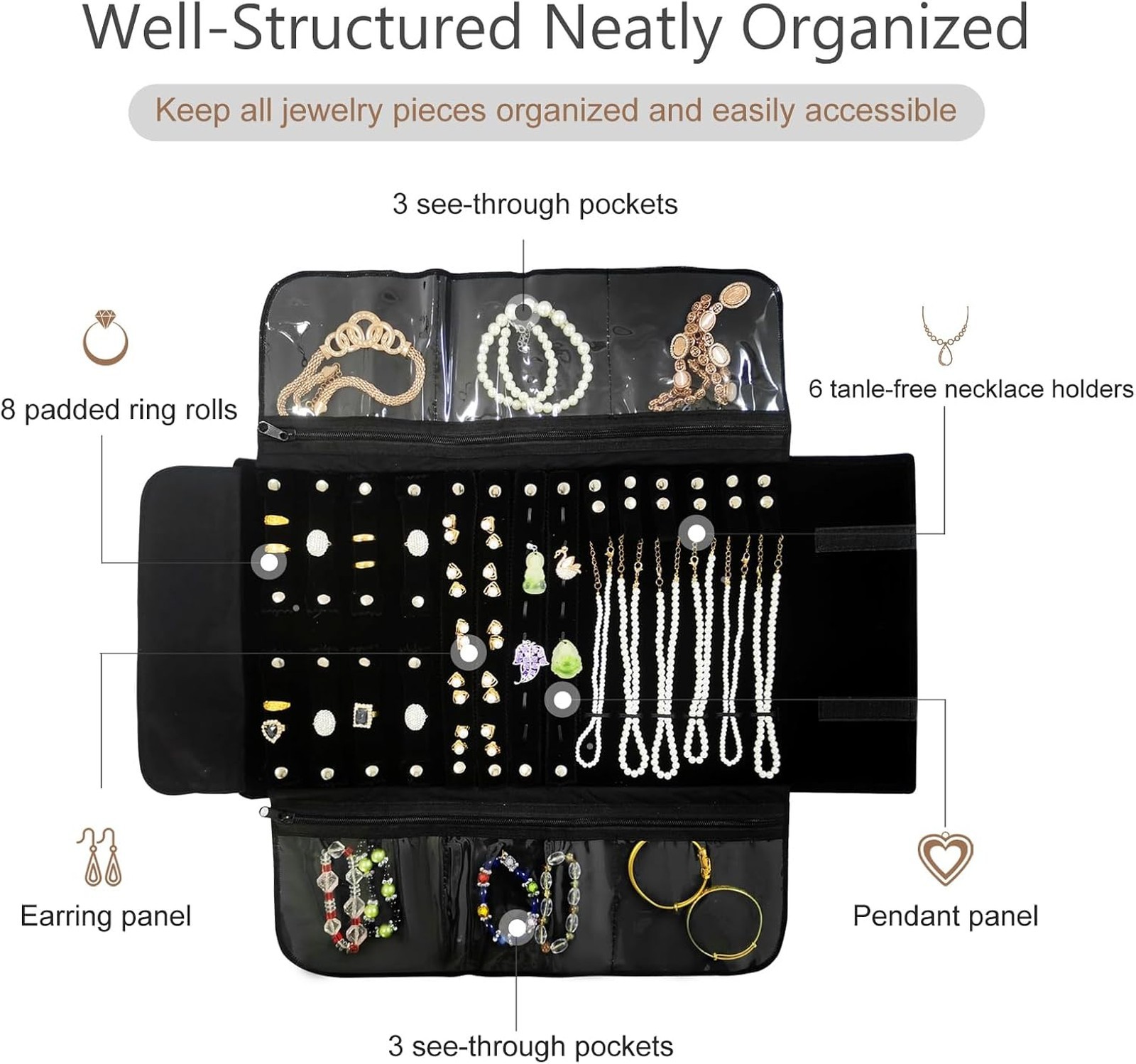 Travel Jewelry Roll Bag Organizer Velvet Compact for Necklaces Bracelets Rings