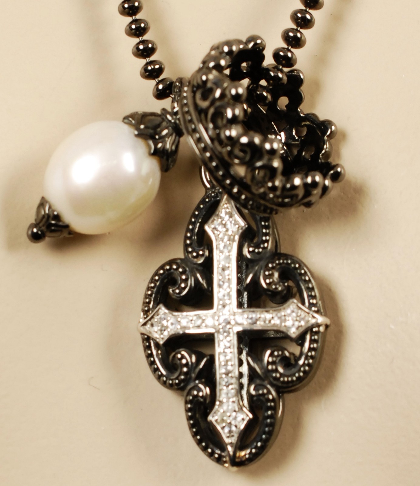 $750 Scott Kay Ruthenium Ball Chain Pearl Cross Charm Necklace Women Lady Gift