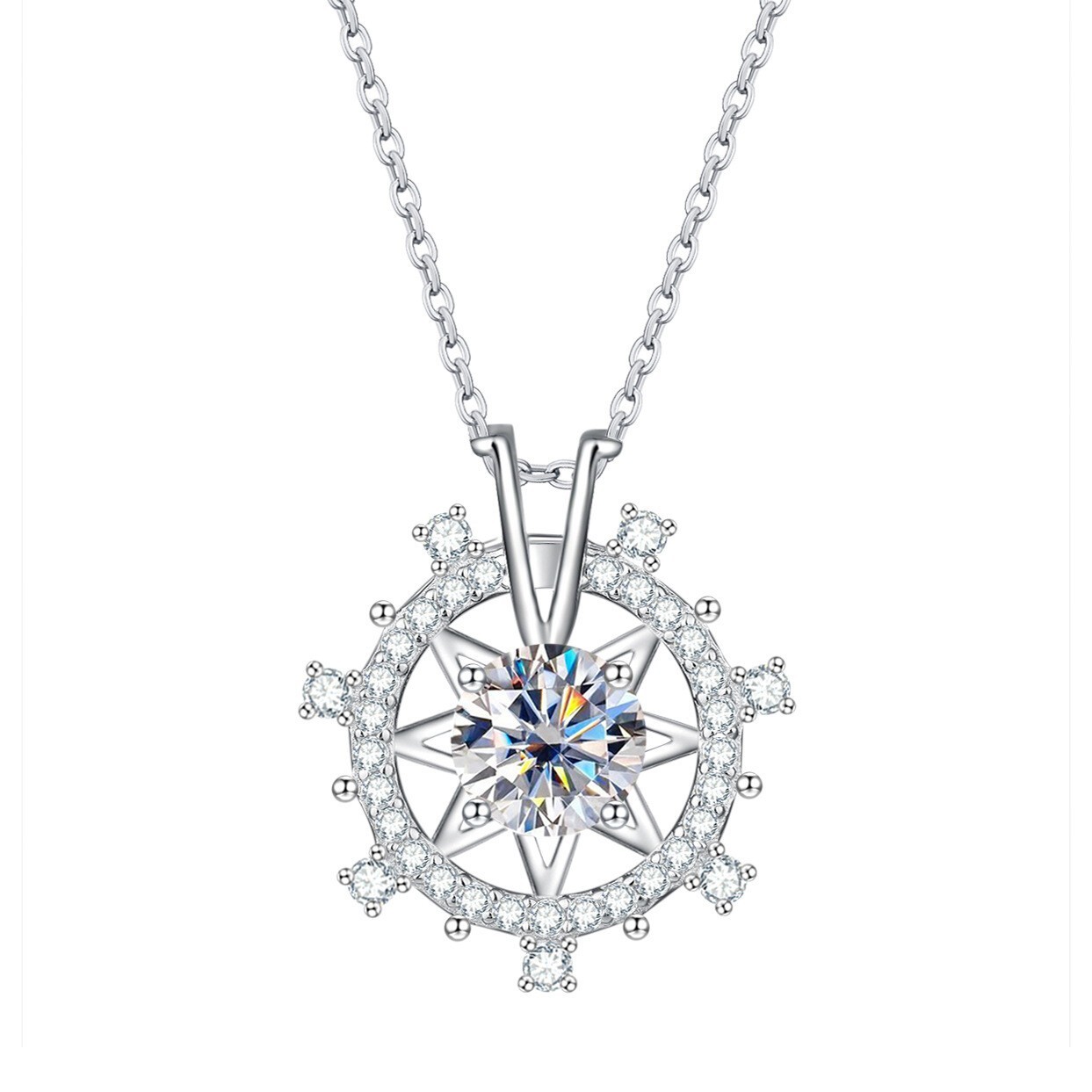 Gorgeous Wheel Shape Pendant Round Cut Simulated Diamond 14K White Gold Plated