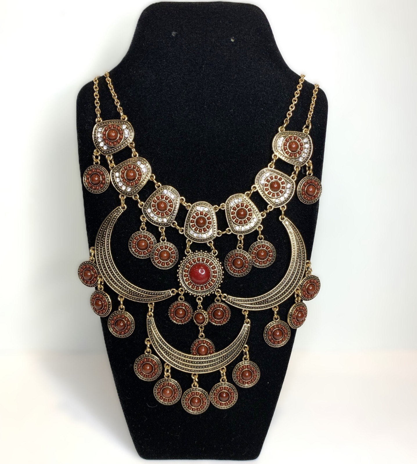 Boho Style Gold Tone Bib Statement Necklace Crescent Shapes w/ Maroon Medallions