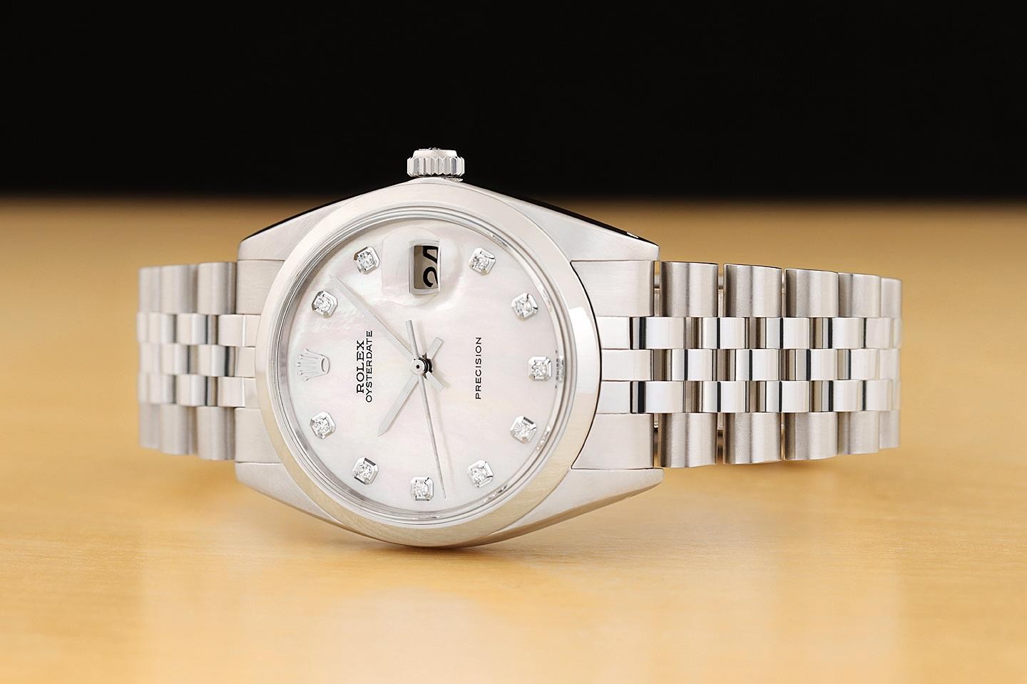 ROLEX OYSTERDATE PRECISION 6694 WHITE MOTHER OF PEARL DIAMOND STEEL 34MM WATCH