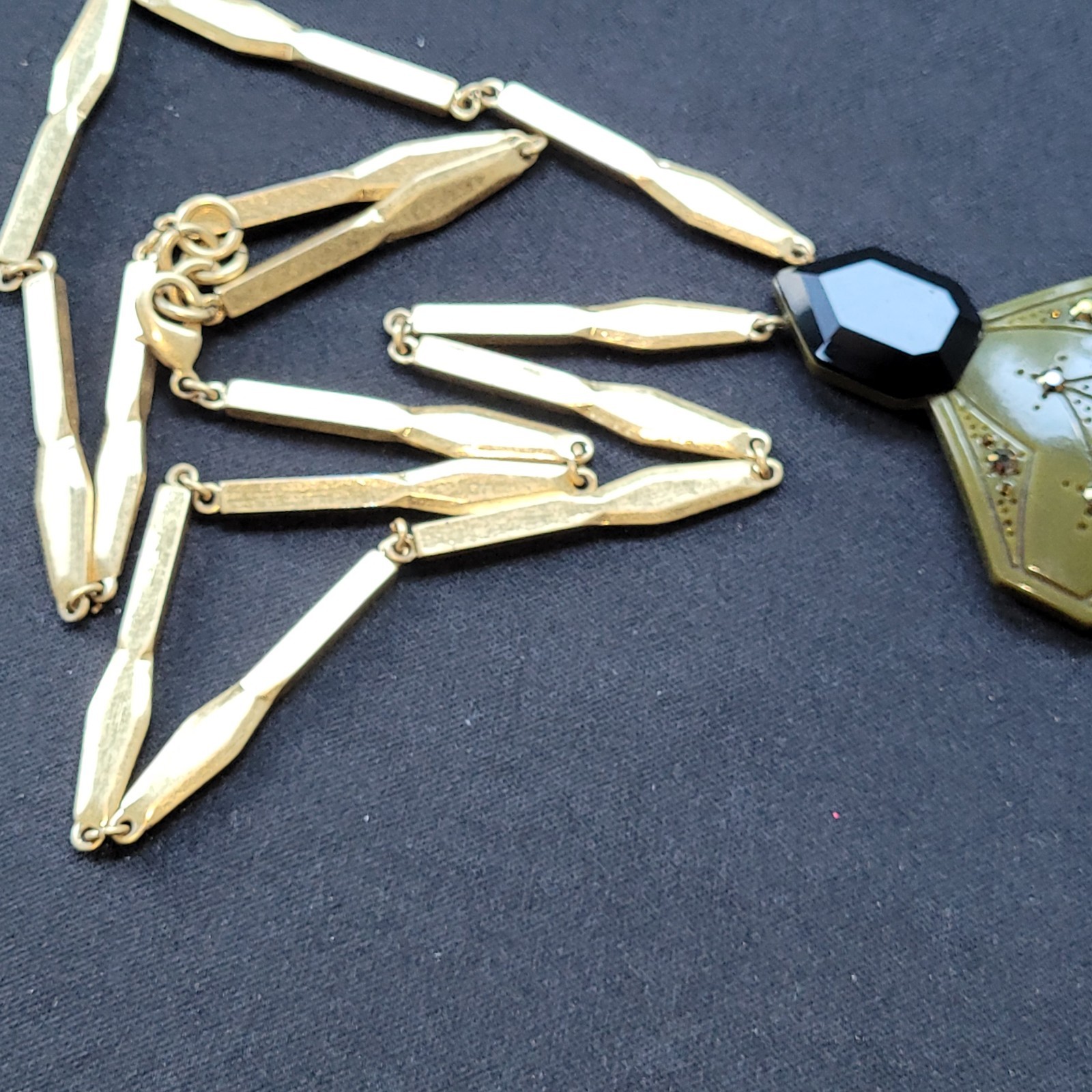 Lulu Frost For J Crew Olive Green Perfume Bottle Necklace Gold Tone