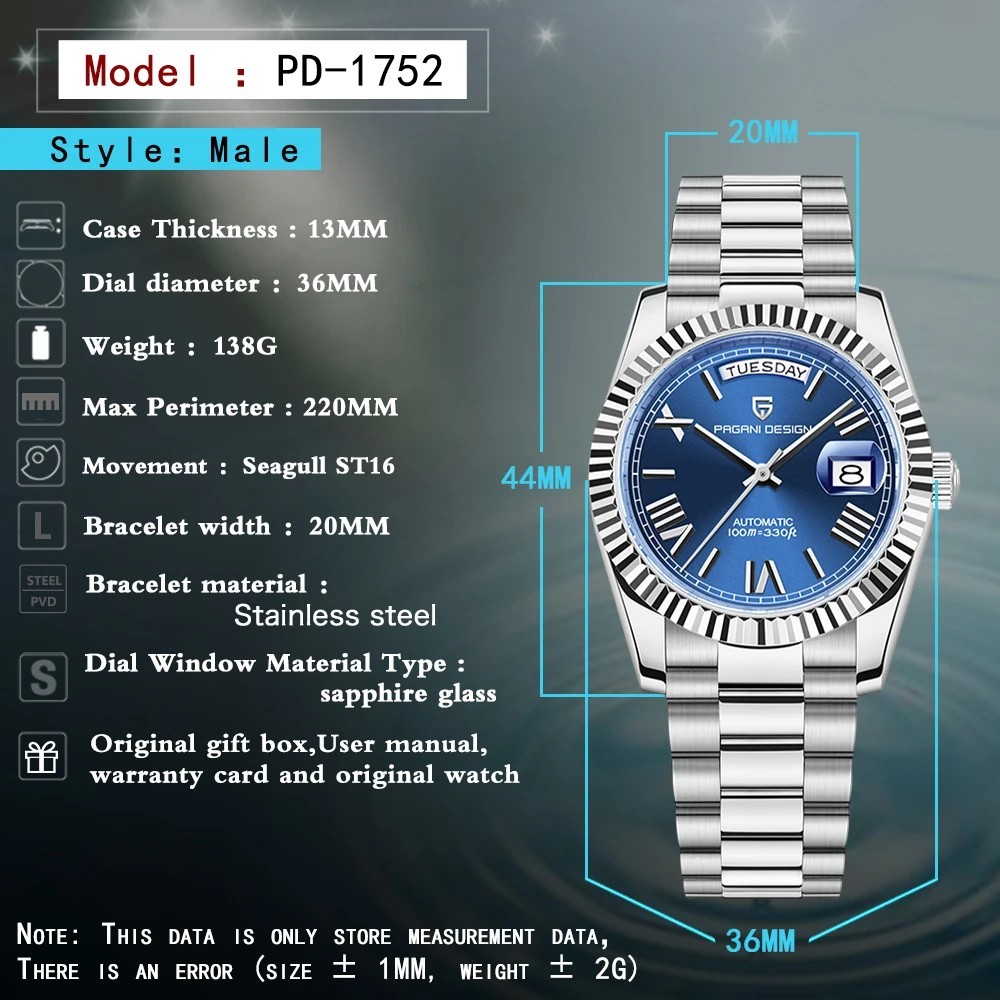 PAGANI DESIGN PD1752 Blue Dial Automatic Stainless Steel Luxury Men’s Watch