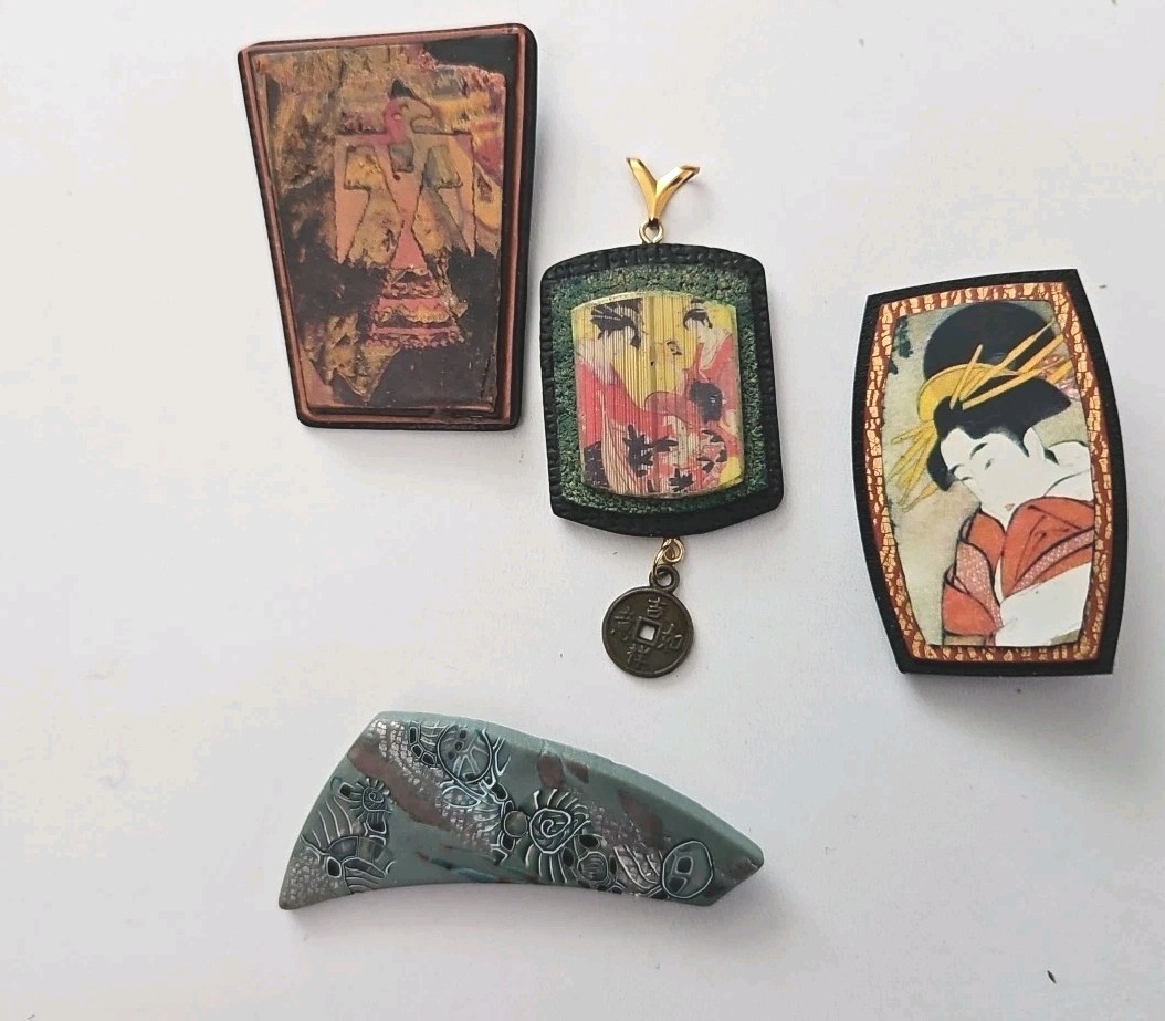 EARTH MONTH-Vtg 80s Asian Influence Artisan Clay Pins/Brooch Lot (+ 1 Pendant)