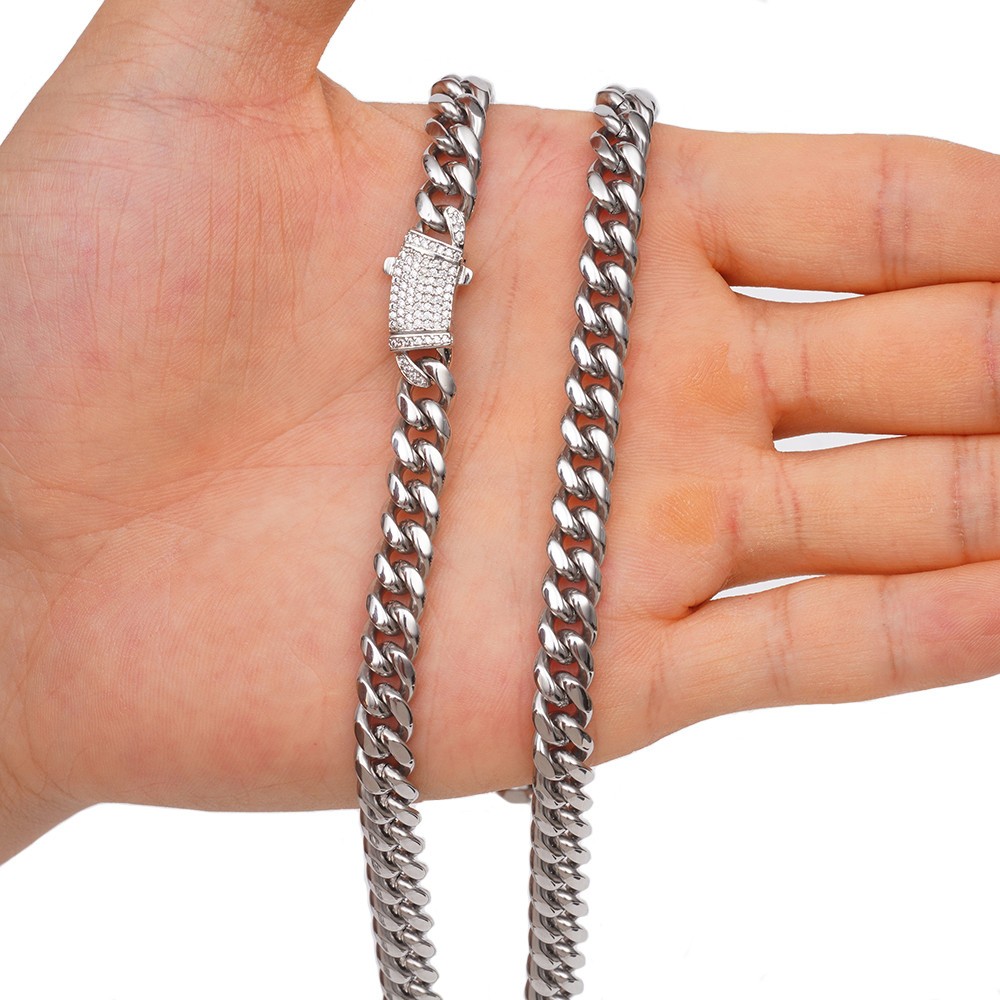 8/10/12/14mm Women Men’s Stainless Steel Cuban Link Chain Necklace Bling Lock