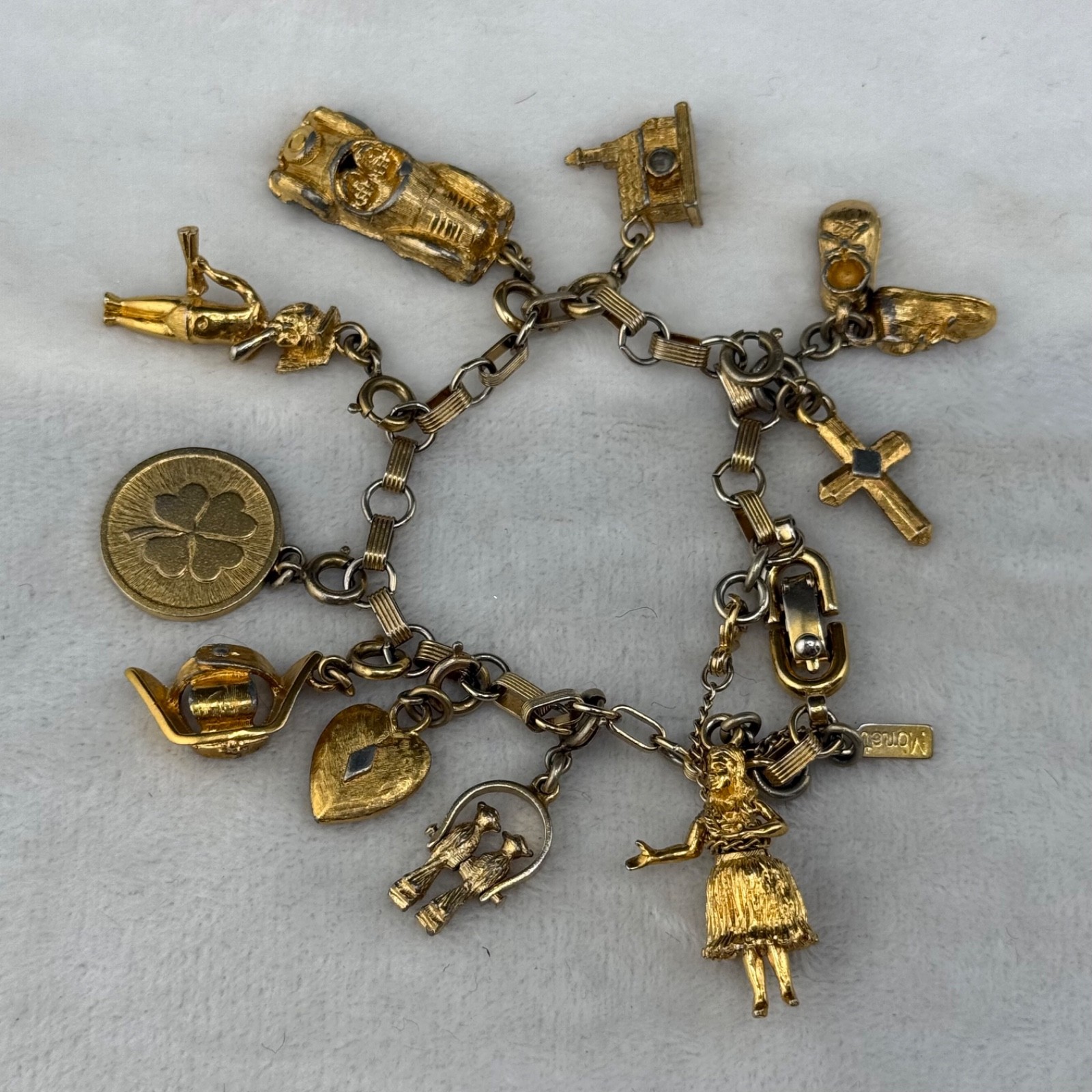 Vintage Monet Charm Bracelet Gold Tone Doll Cross Baby Shoes Birds Heart Luck 7″
