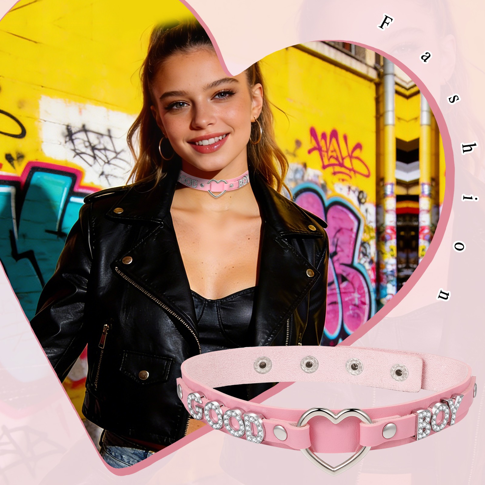 “GOOD BOY” Women’s Punk Letter Black Heart PU Leather Choker Necklace Adjustable
