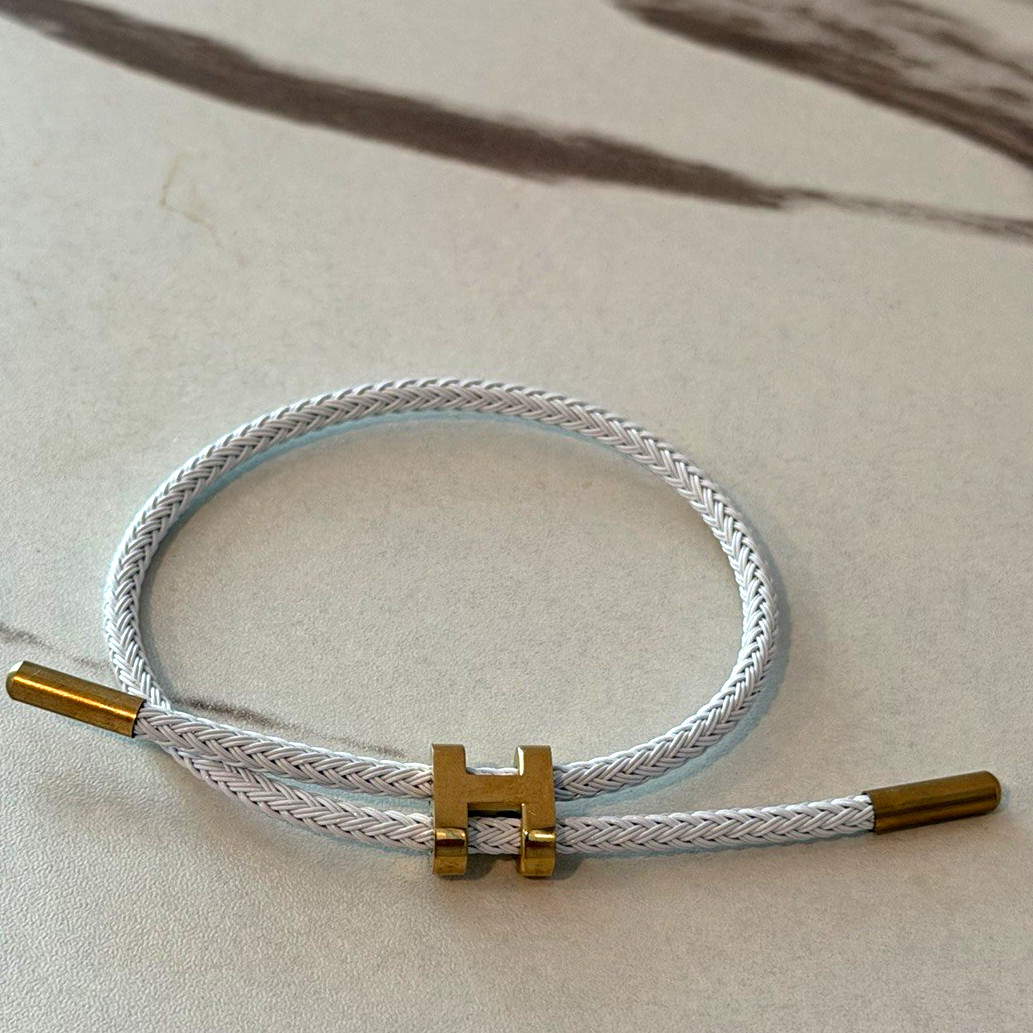 White Braided Cord Bracelet with Gold Tone Slide Closure, Adjustable