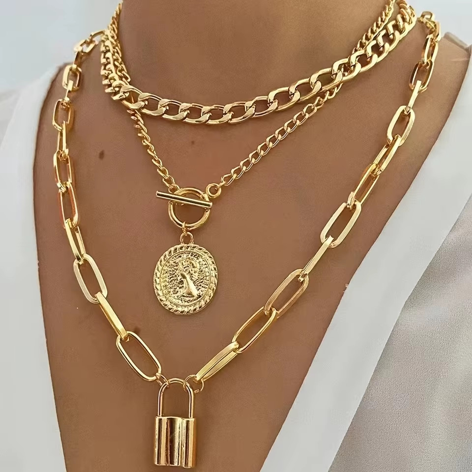 Layered Necklace for Women – Gold Plated Bohemian Chain with Lock Charm