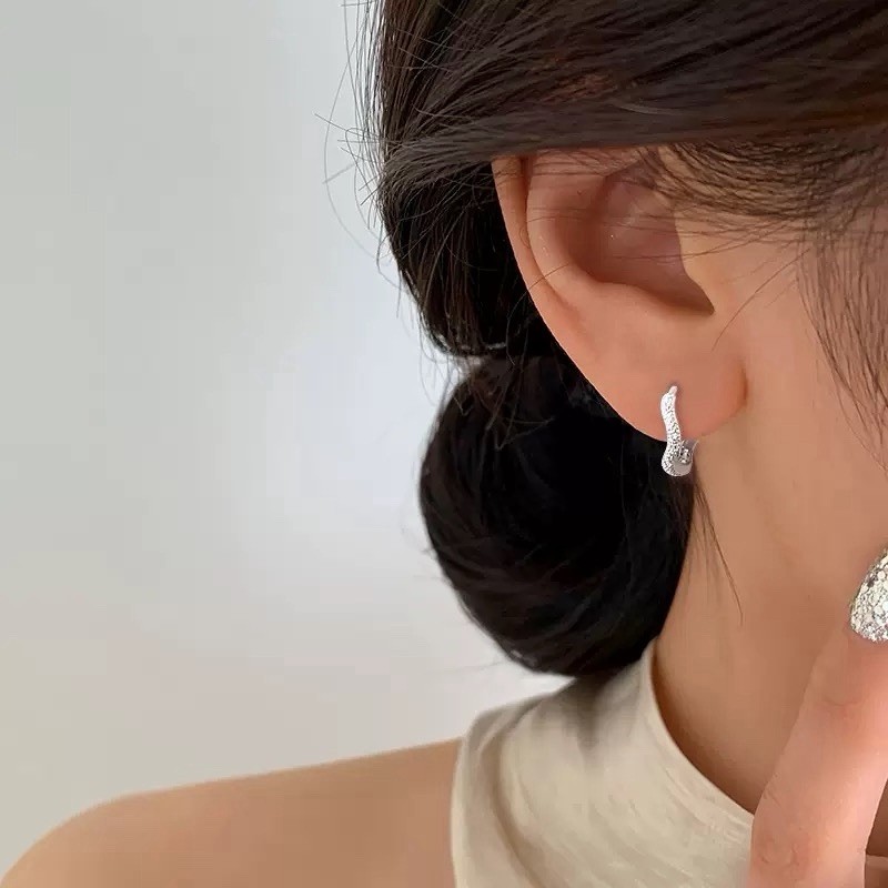925 Silver Wavy Textured Huggie Hoop Earrings Minimalist Geometric Earrings A64