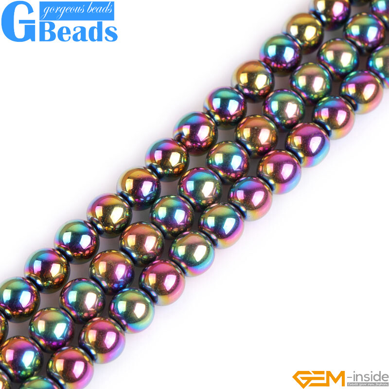 Rainbow Metallic Coated Reflections Hematite Round Beads Free Shipping 15″Strand