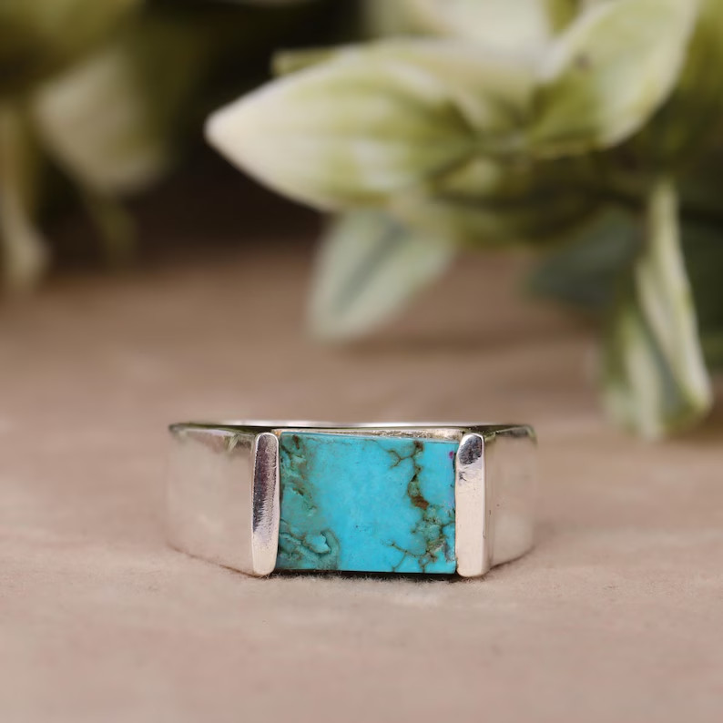 Handmade Rough Turquoise Gemstone Signet Ring: 925 Sterling Silver Men’s Ring