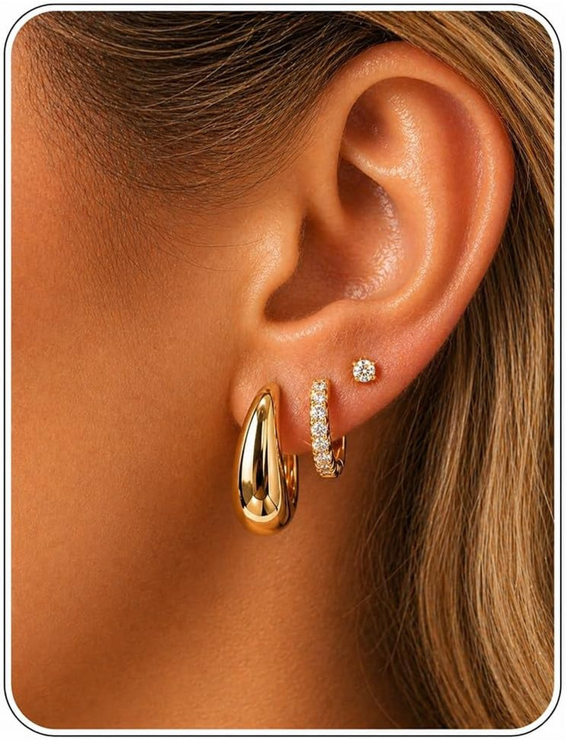 Gold Earring Stack for Women, 3 Pairs 14K Gold Plated Small Huggie Hoop & CZ Stu