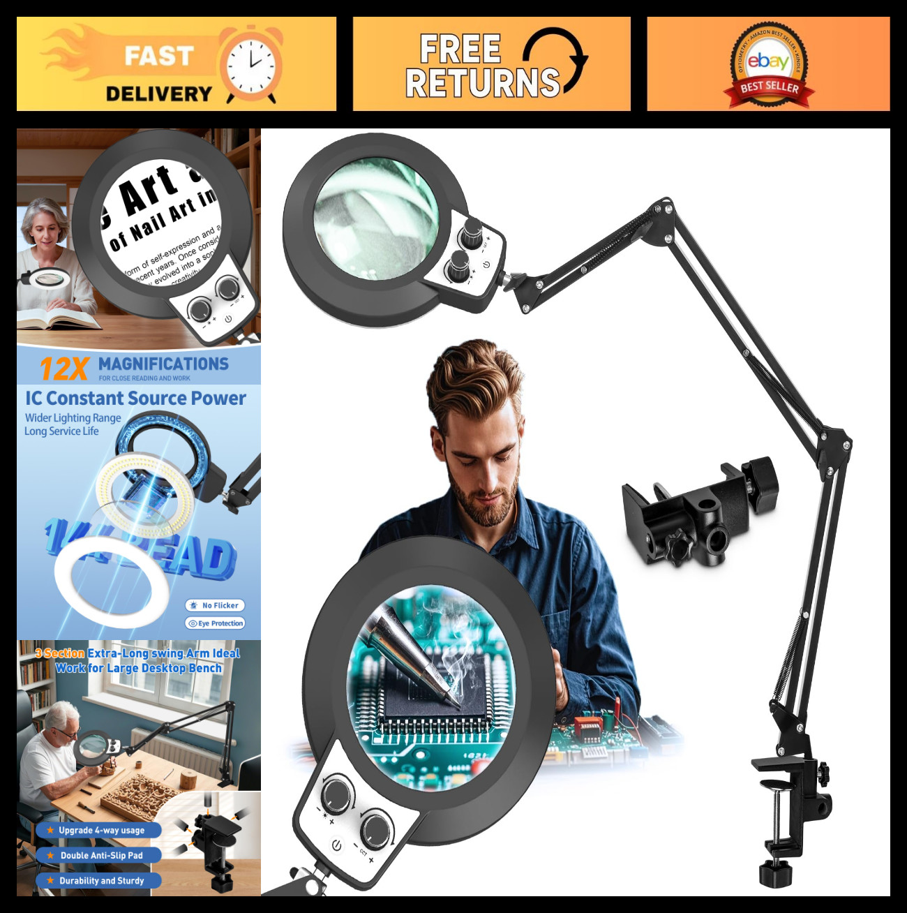 12X Extra Long Magnifying Glass with LED Light, Hands-Free Clamp Stand for Craft