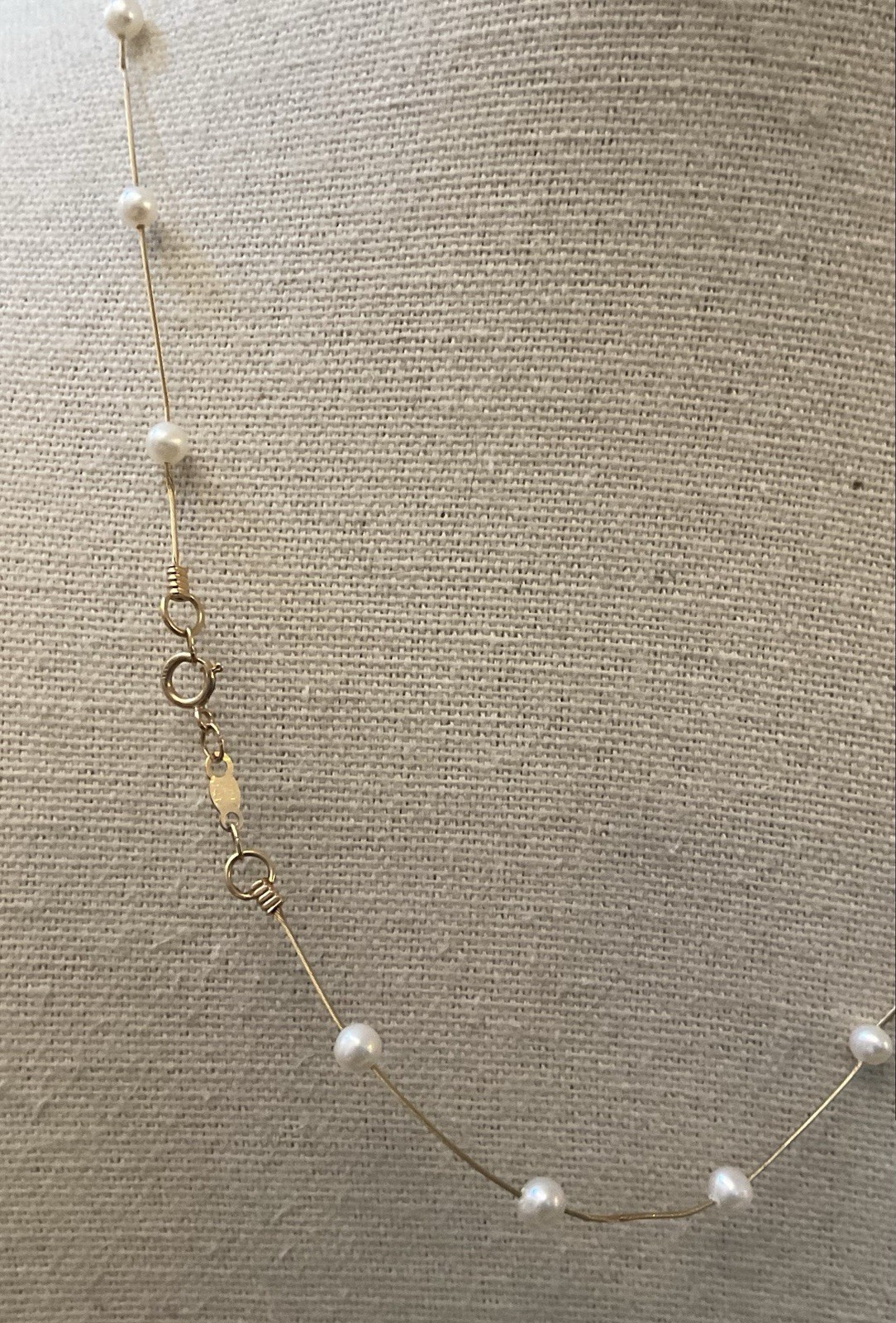 JCM Signed 14kt Gold White Cultured 2-3 M Pearl Station Necklace 2.8 Grams 16.5″