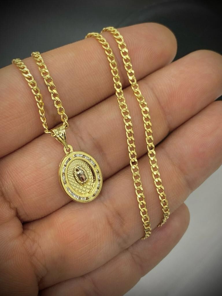 14k Oro Laminado Medalla de Virgen de Guadalupe & Cadena Para Mujer Niños Curb