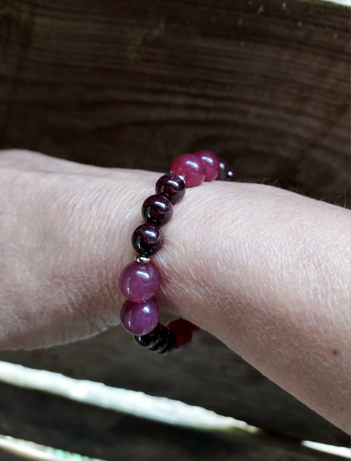 Red Garnet Gem Bead Bracelet With Dark Pink Strawberry Quartz Stretchy 6.75″