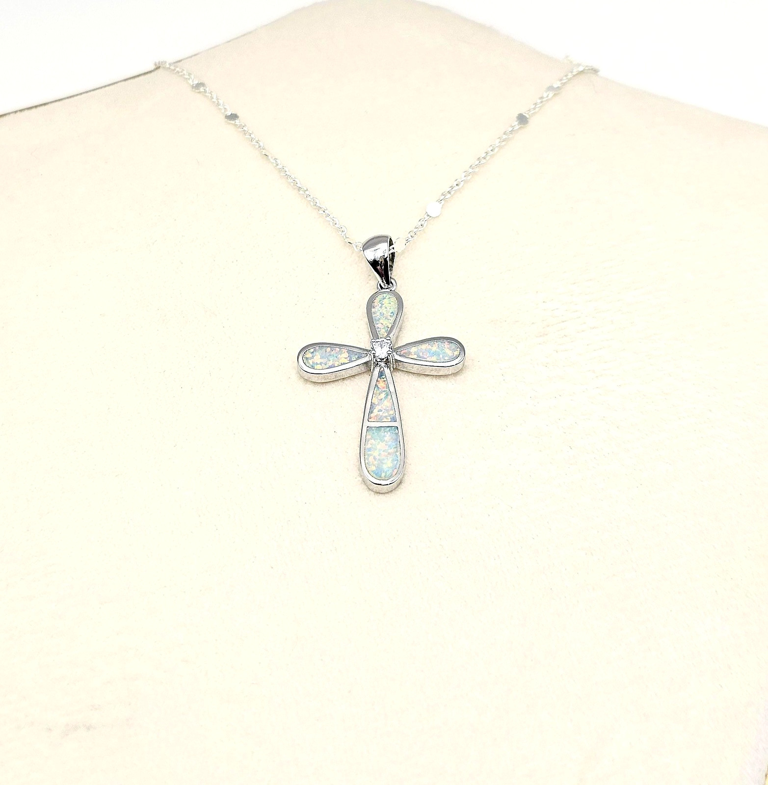 Silver Opal Cross Pendant – Adjustable Necklace – Christian Gift for Her