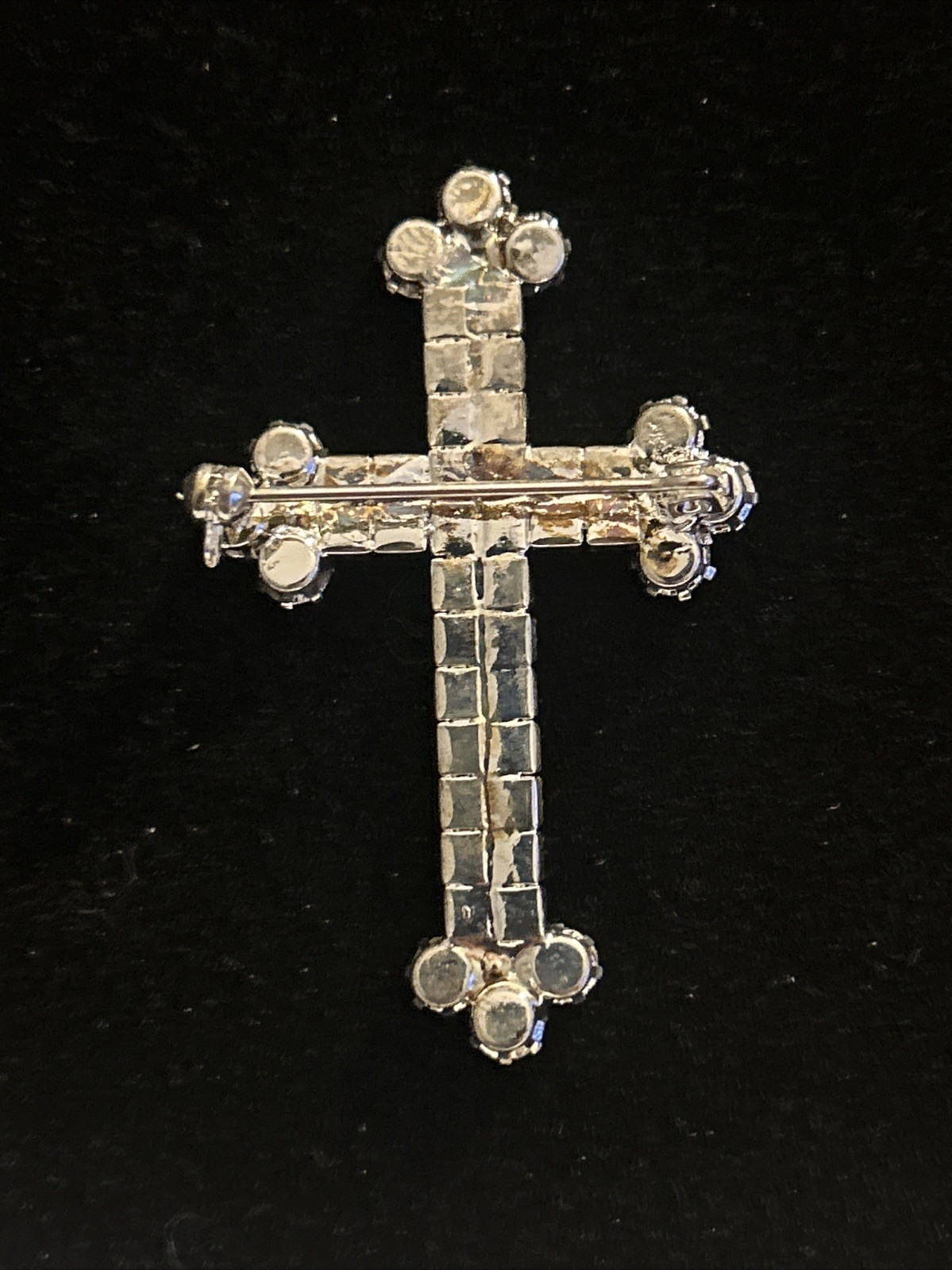 VTG Cross Rhinestone Lapel Pin Brooch Silver Tone Clear White Colorless 1.25”x2”