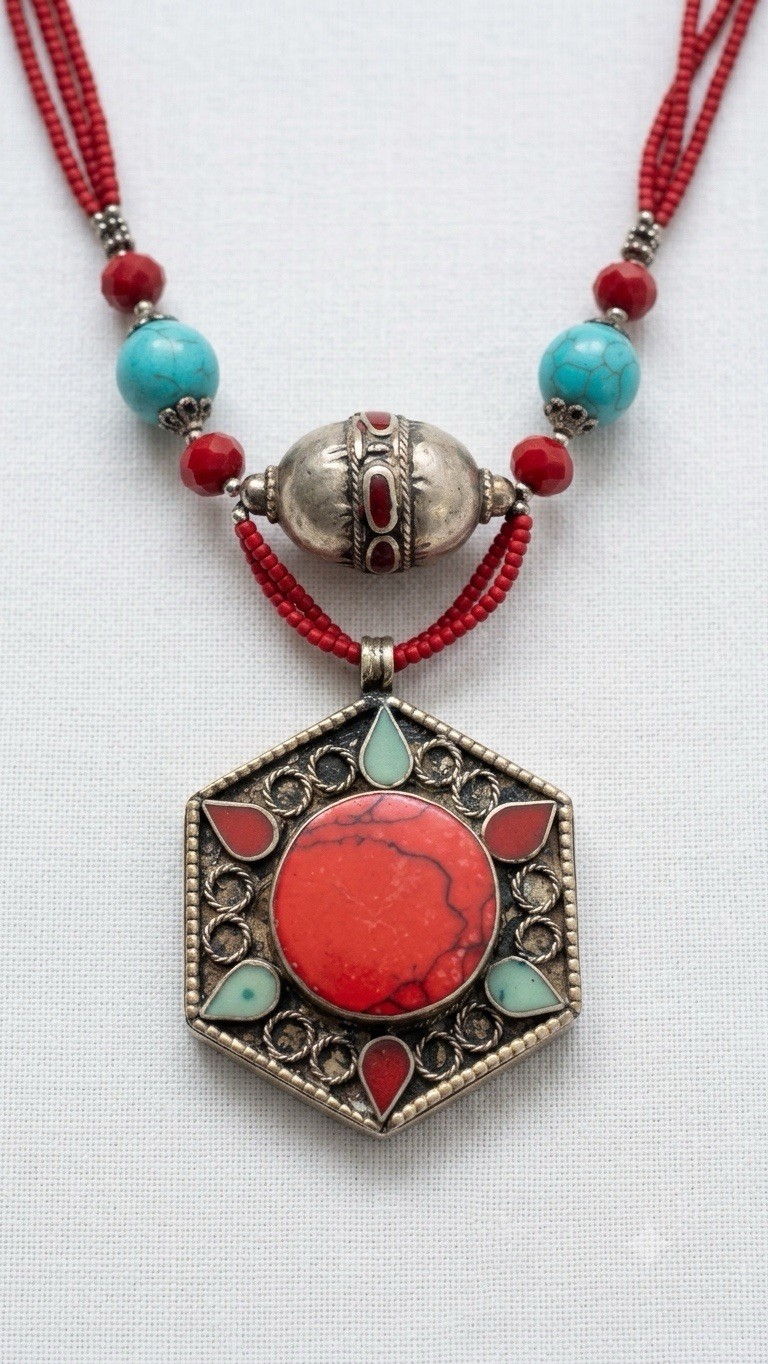 Handmade Tibetan or Nepali-style necklace with a hexagonal pendant. (2014)