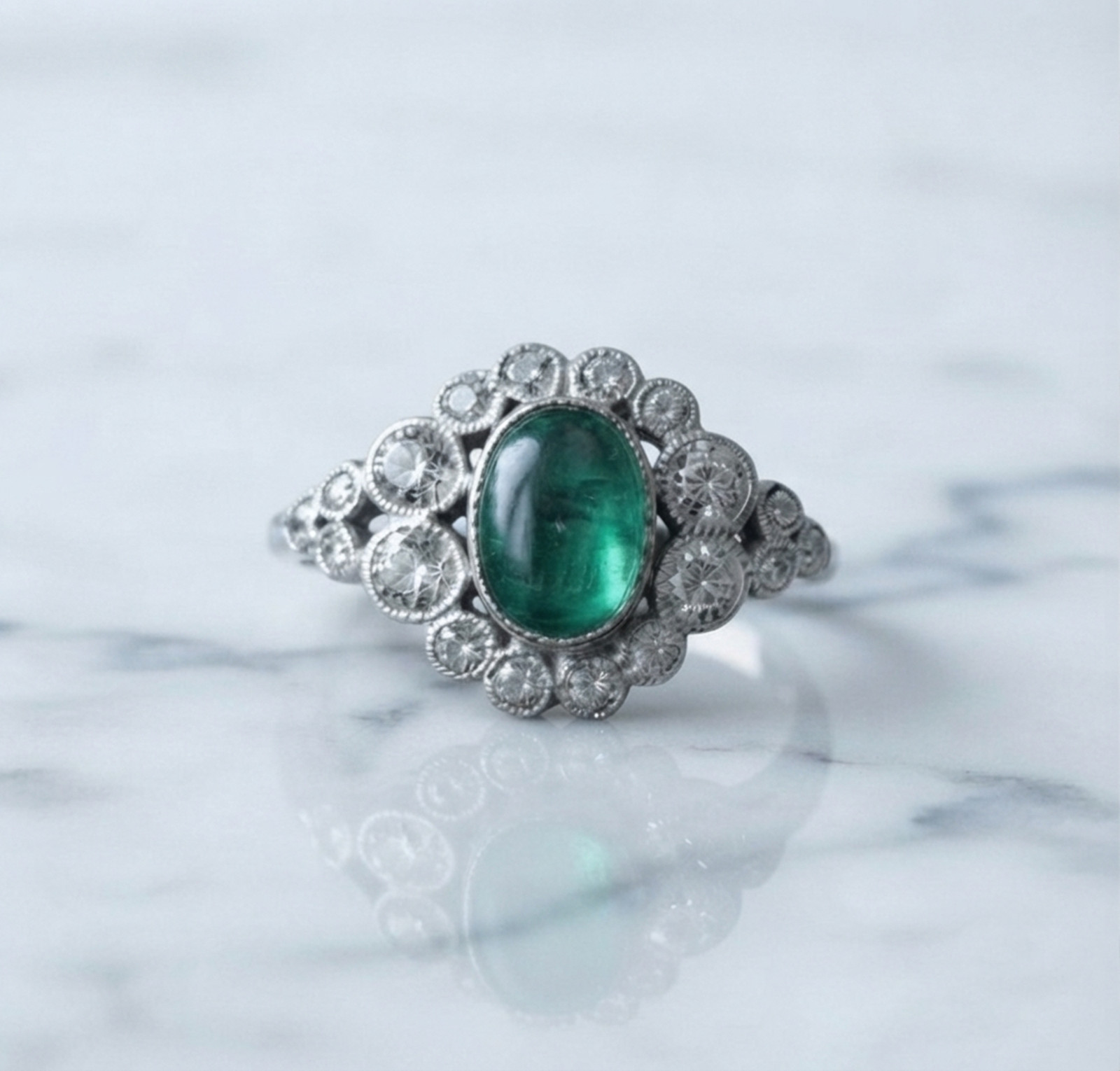Green Cabochon Simulated Diamond 14K White Gold Art Deco Retro Halo Wedding Ring