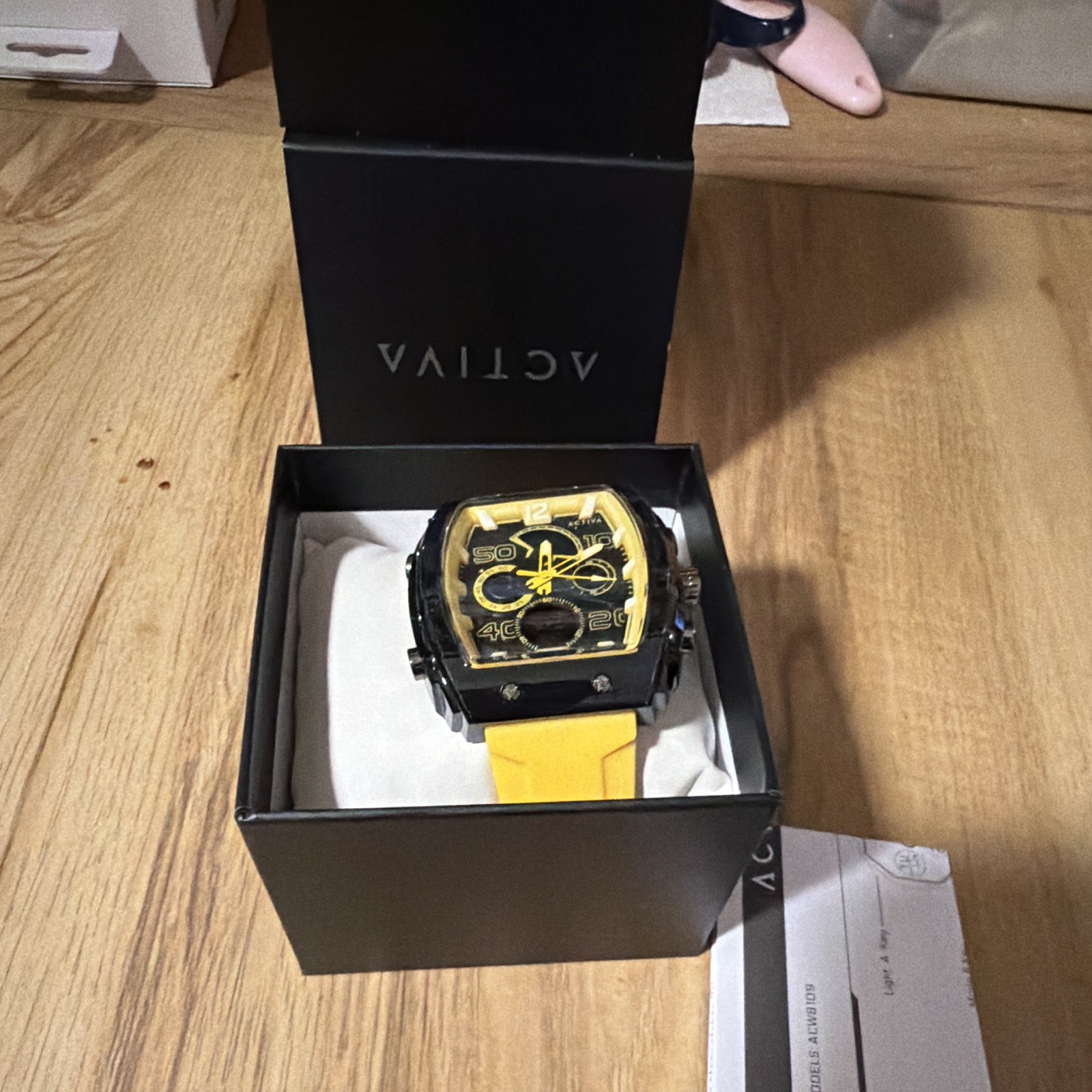 Activa Quartz Tonneau Multi-Dial Watch Yellow Rubber Strap 44-47.9mm 50m