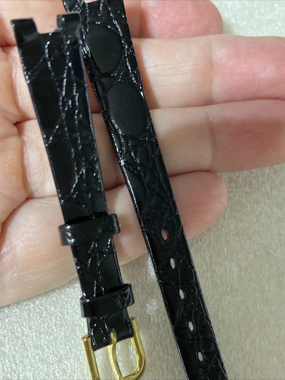 Jacques Edho Watch Strap 12mm Notched Thin Shiny Black Crocodile Print w/ Buckle