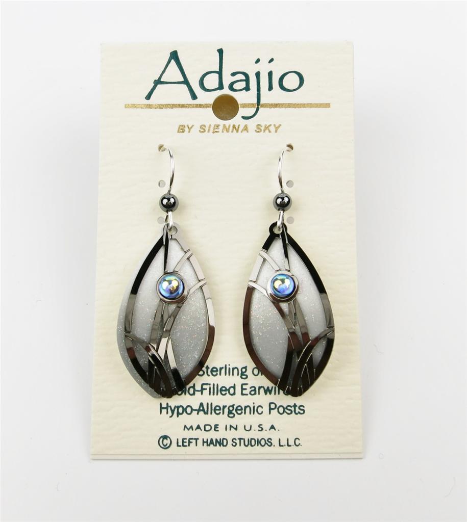 Adajio Gray & White Marquise Black ‘Grasses’ Overlay Earrings Handmade USA 7551