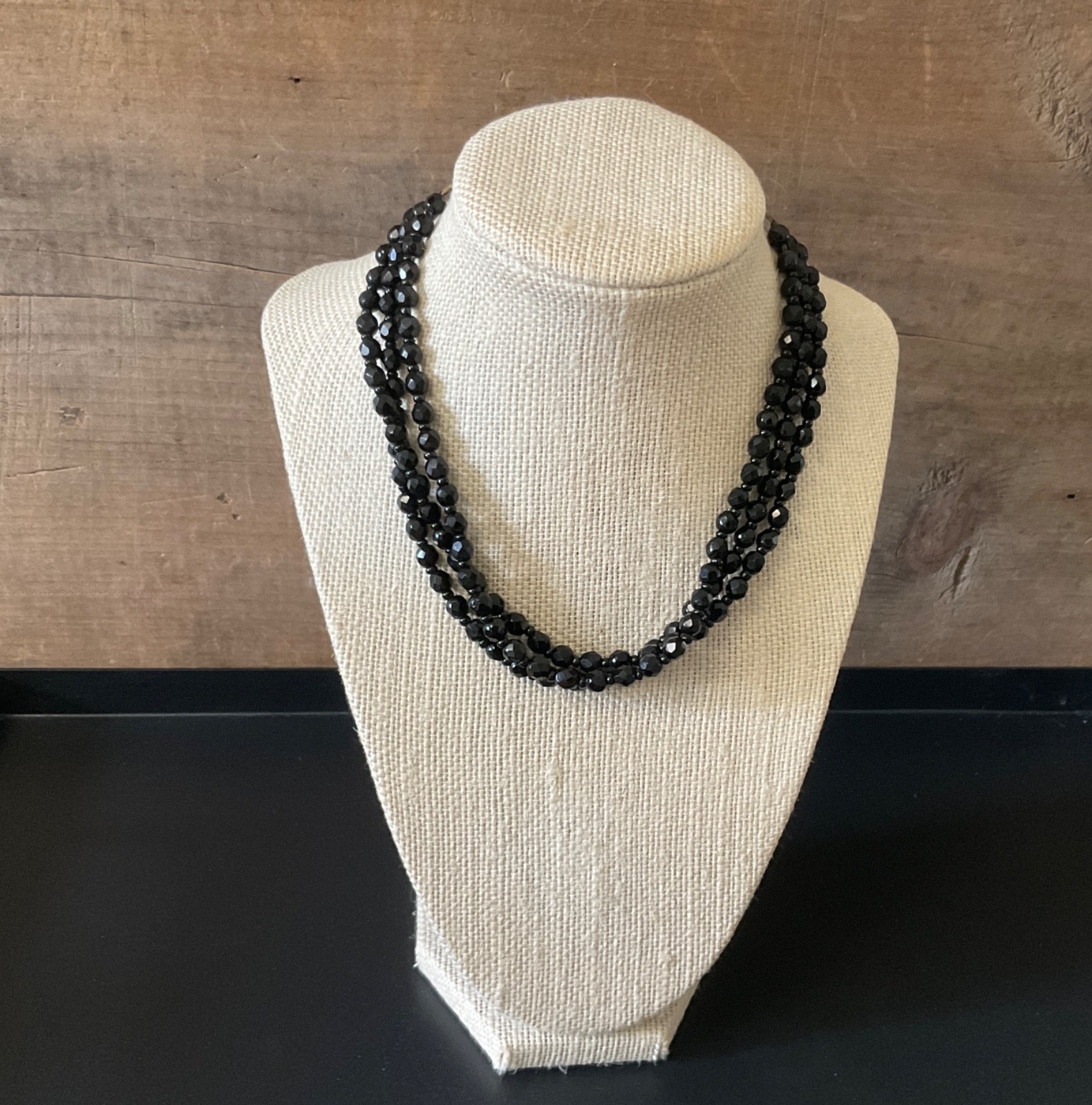 Vintage Black Glass Beaded Necklace Art Deco Adjustable Choker Antique Jewelry