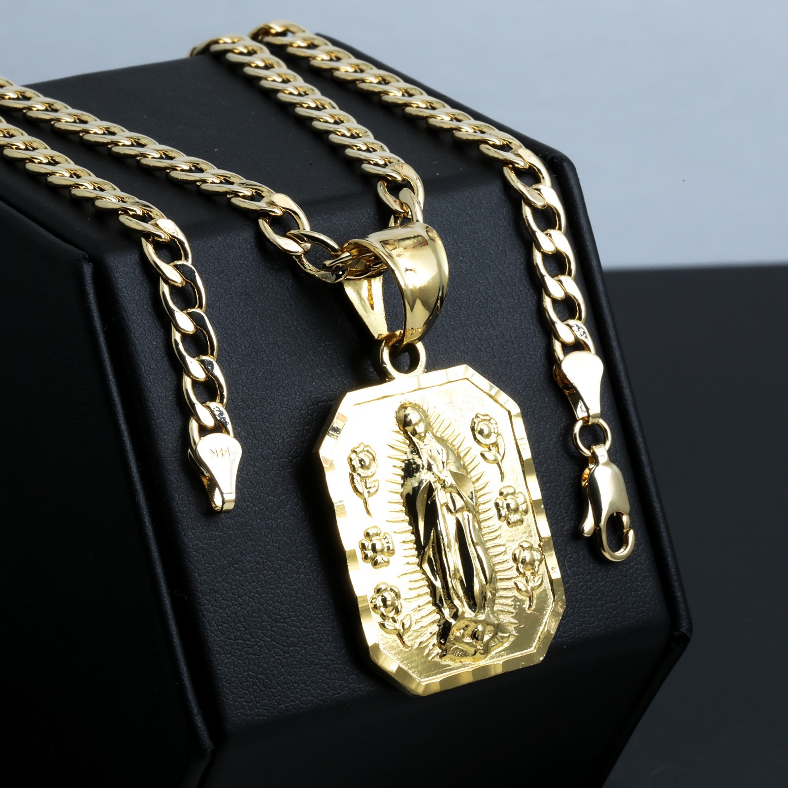 Flower Virgin Mary Charm Pendant 14k Gold Plated Brass 20″ Cuban Choker Chain