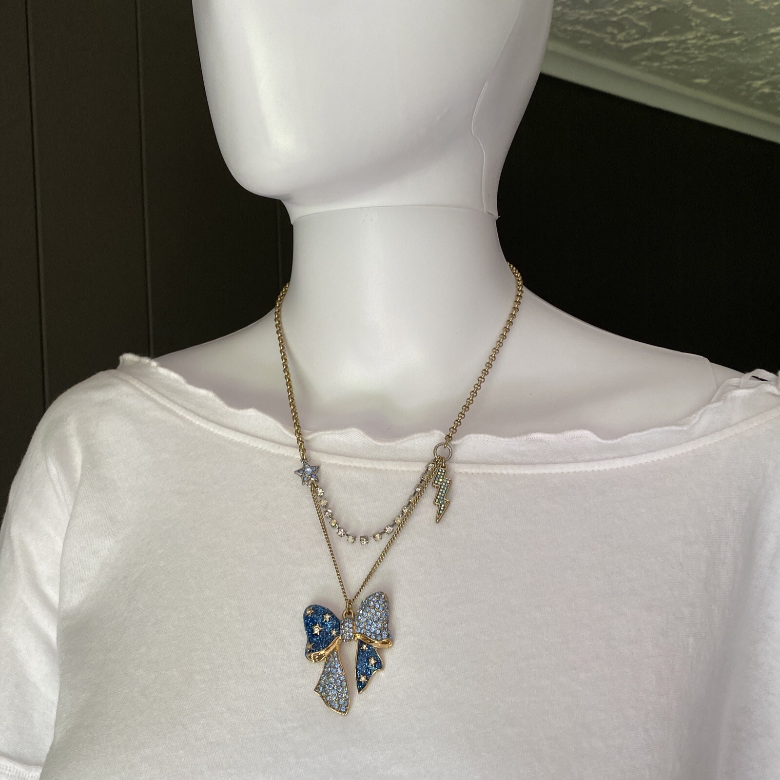 BETSEY JOHNSON Necklace HEAVENS TO BETSEY BLUE PAVE CRYSTAL Lightening Bolt, Bow