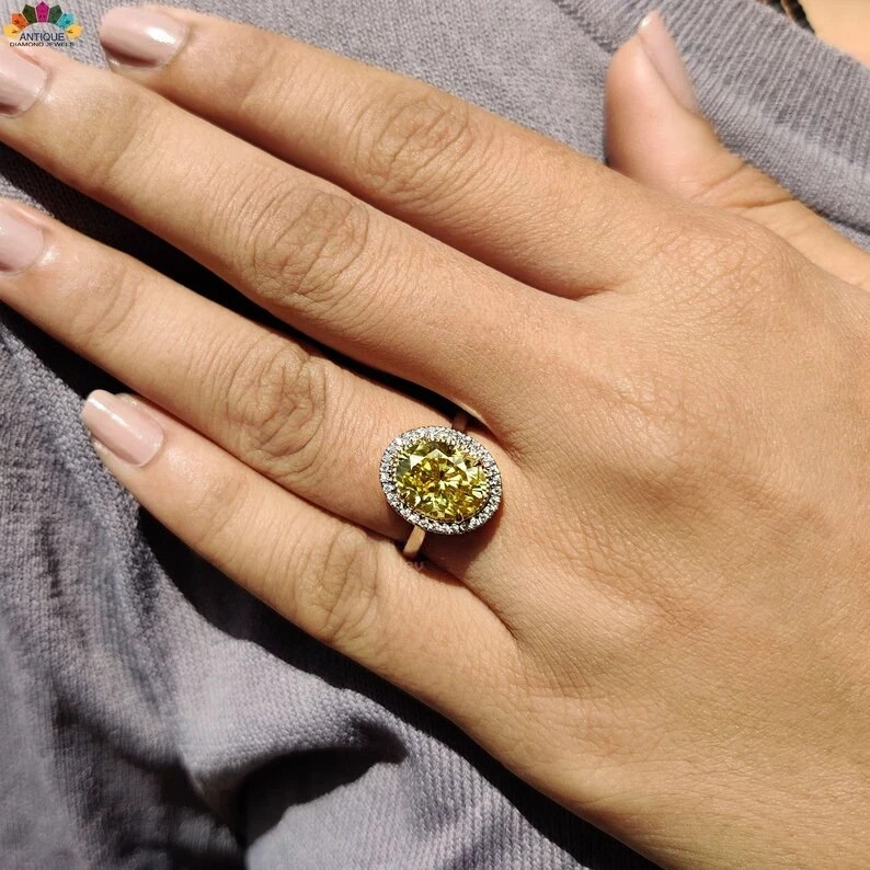 4.80 Ct Oval Cut Yellow Sapphire & Diamond Ring 14K Solid White Gold Ring Size 8