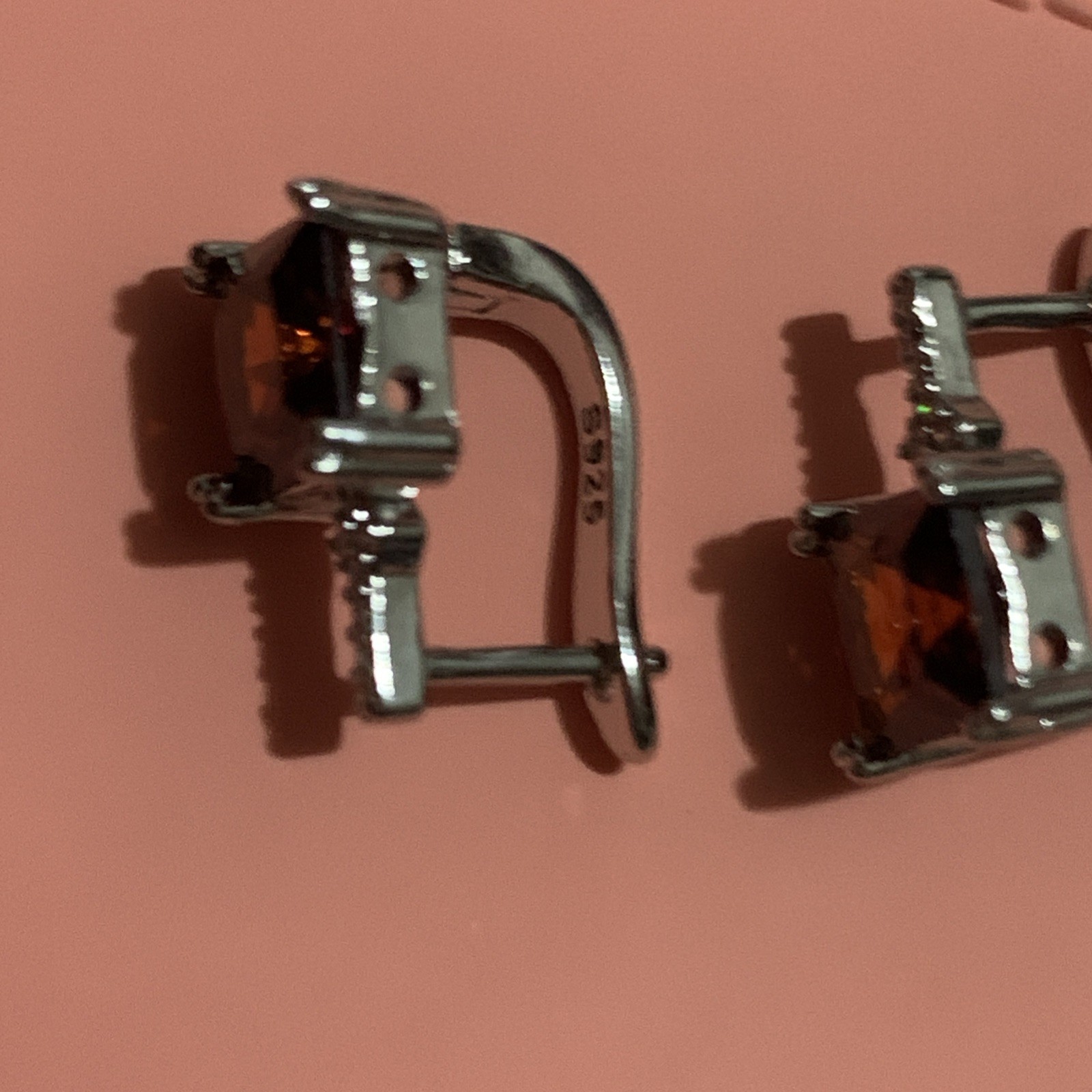 Sterling Silver 925 Burnt Orange Baguette Huggie Earrings Ear • SS Marked NEW