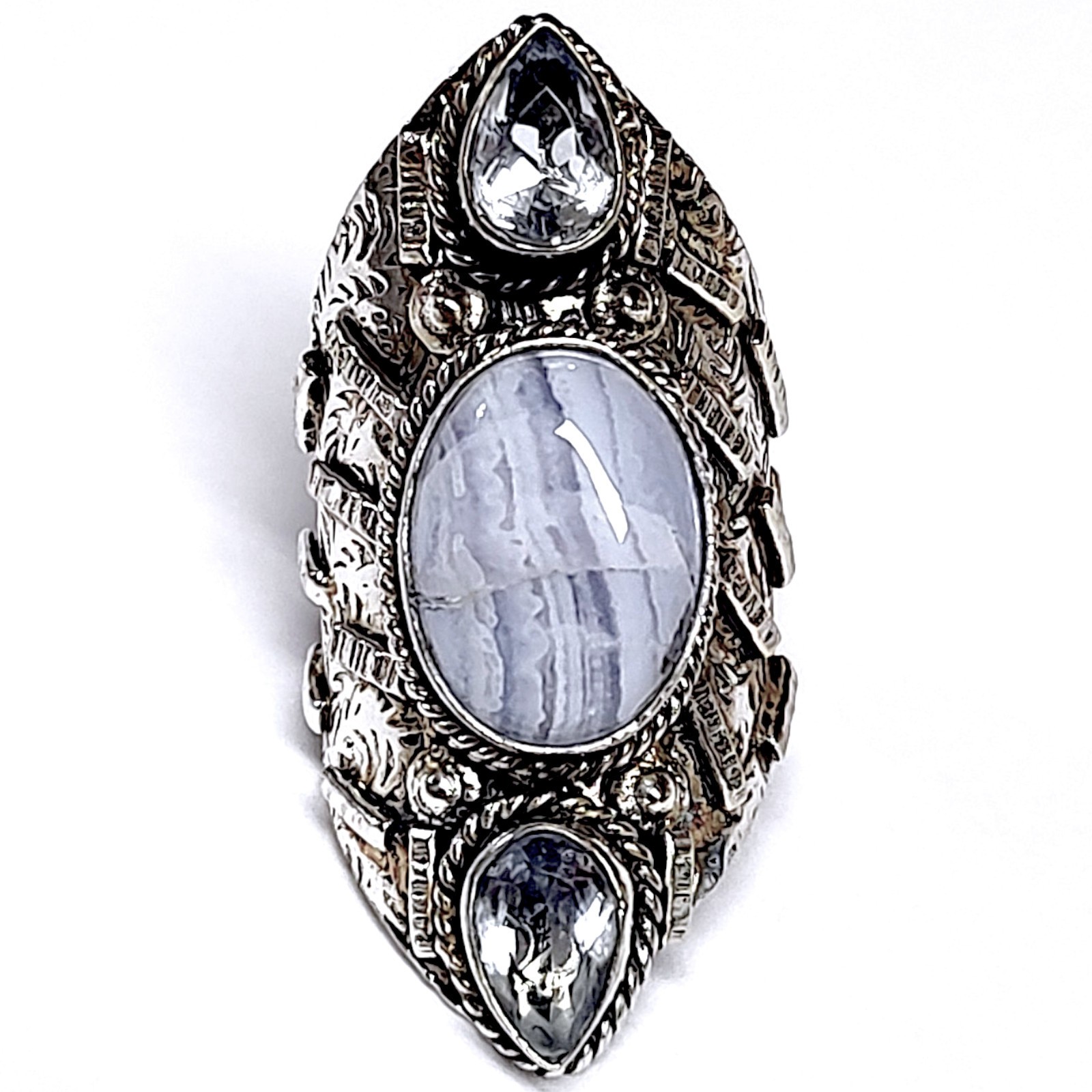 Huge Sterling 925 Blue Chalcedony Cabochon Full Finger Statement Ring Size 8.5