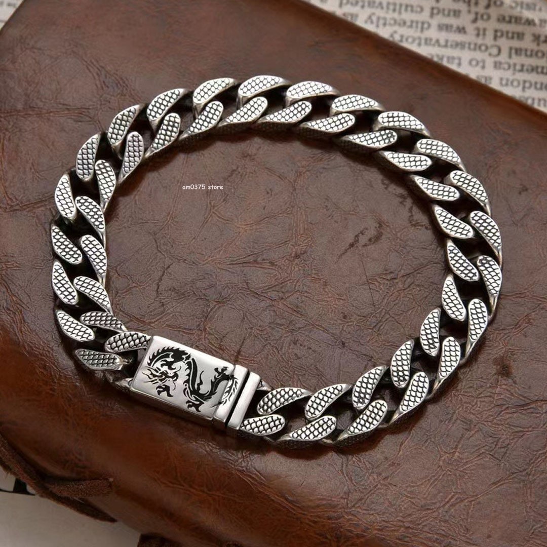 Real Sterling Silver 925 Metal Bracelet Dragon with 9mm Curb Cuban Link Bracelet