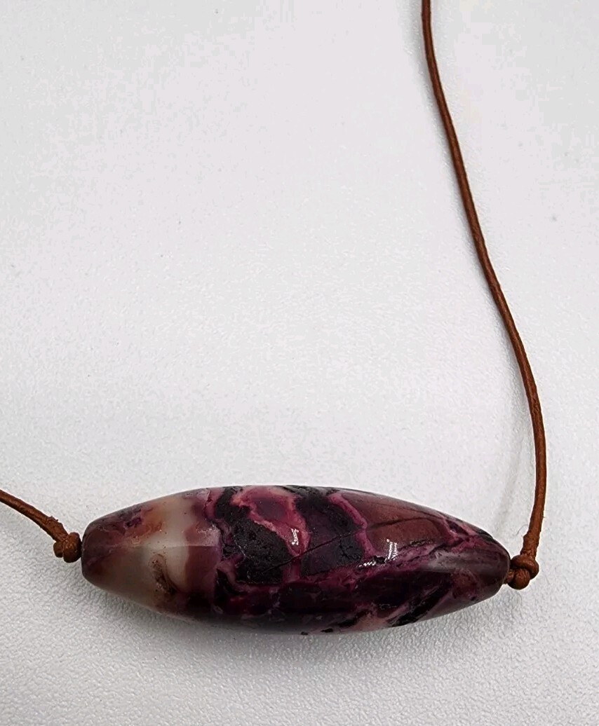 Purple Stone Baguette Pendant Necklace Leather Cord Boho Beachy Artisan Handmade