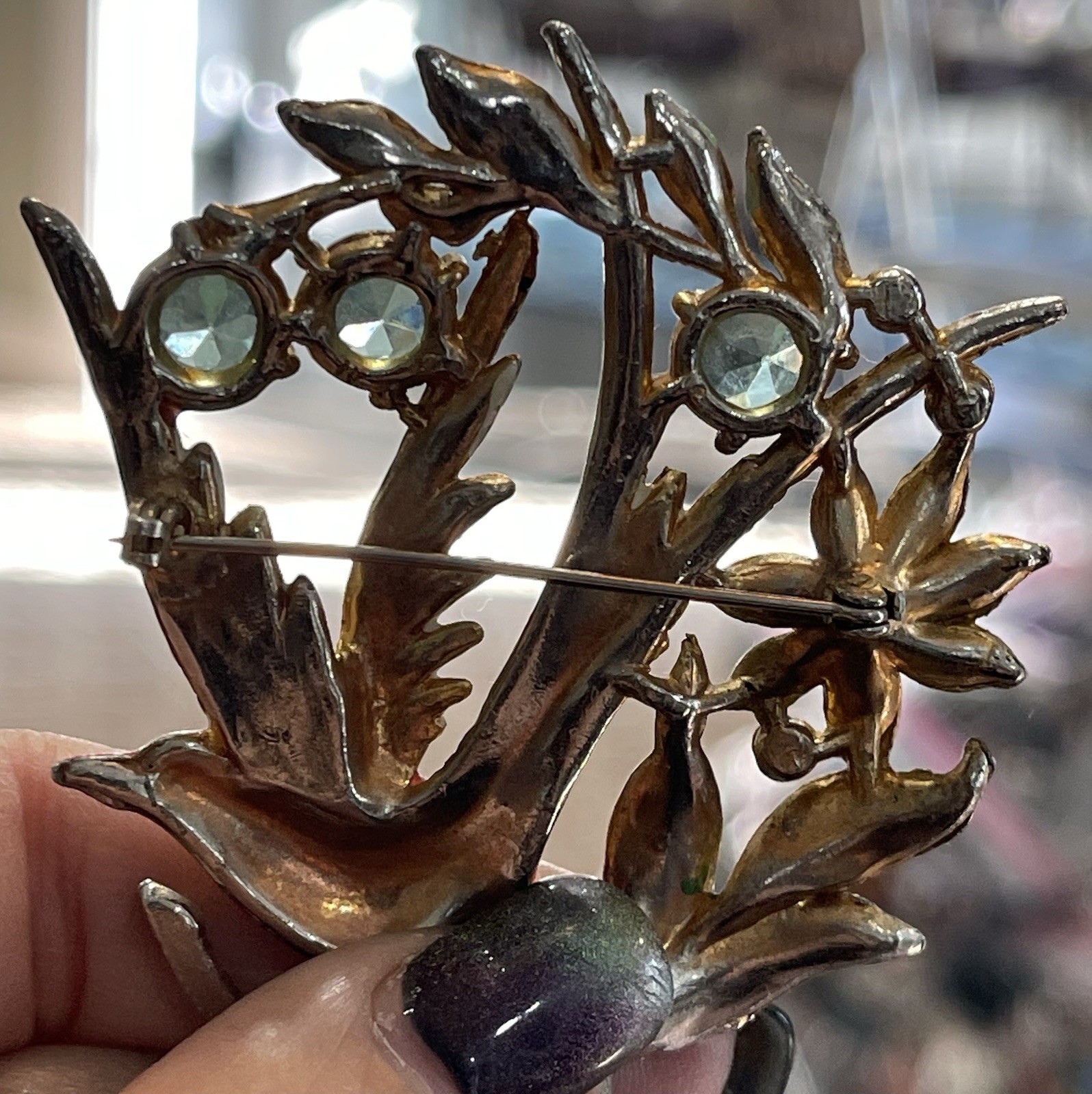 1940s Bird Of Paradise Eden Brooch Pot Metal Enamel Rhinestone Missing 3 Stones