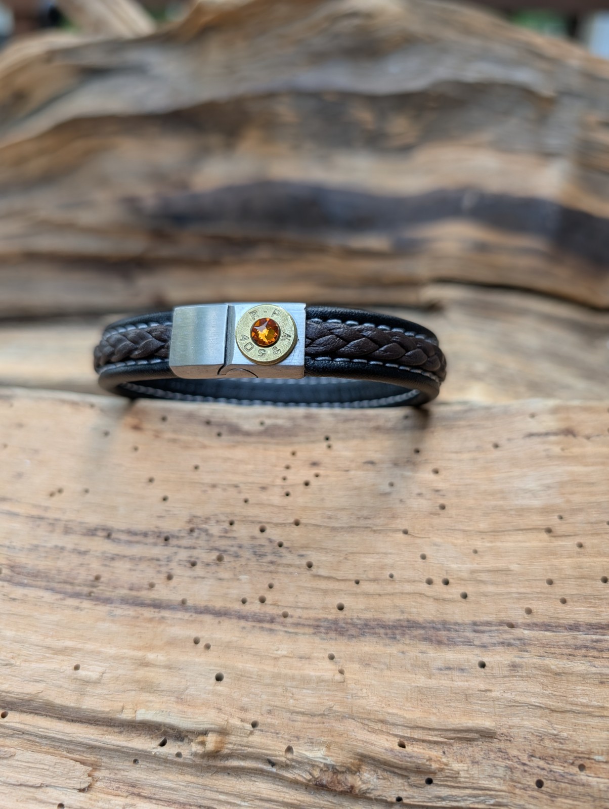 Black and Brown Braided Leather Bullet Bracelet with a 9, 38,40 or 357 Bullet.