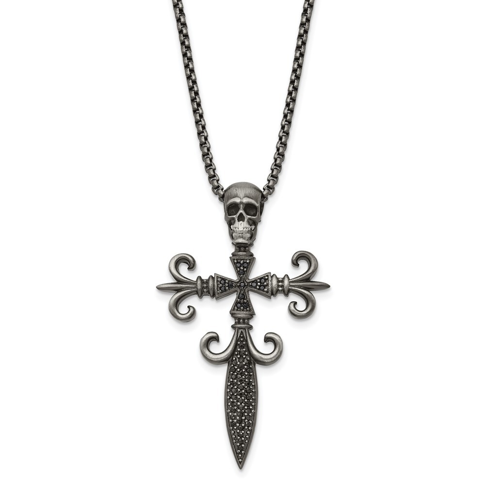 Stainless Steel White Bronze-plated Cubic Zirconia Cross Skull Necklace 24″