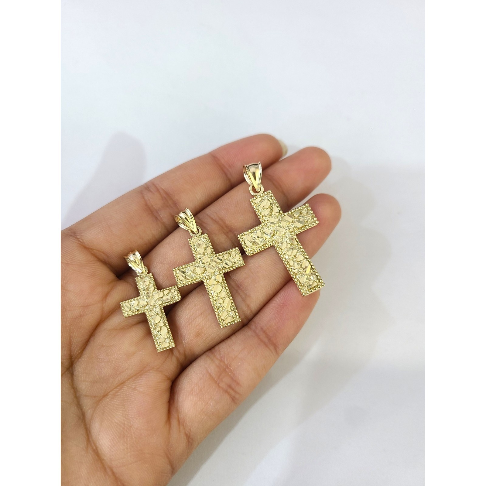 10K Yellow Gold Nugget Jesus Cross Charm Pendant Unisex Small Medium Large
