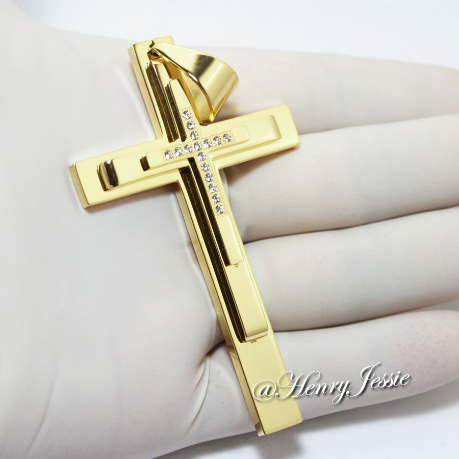 24″MEN Stainless Steel 8mm Gold Interlock Chain Cubic Zirconia Cross Pendant*D23