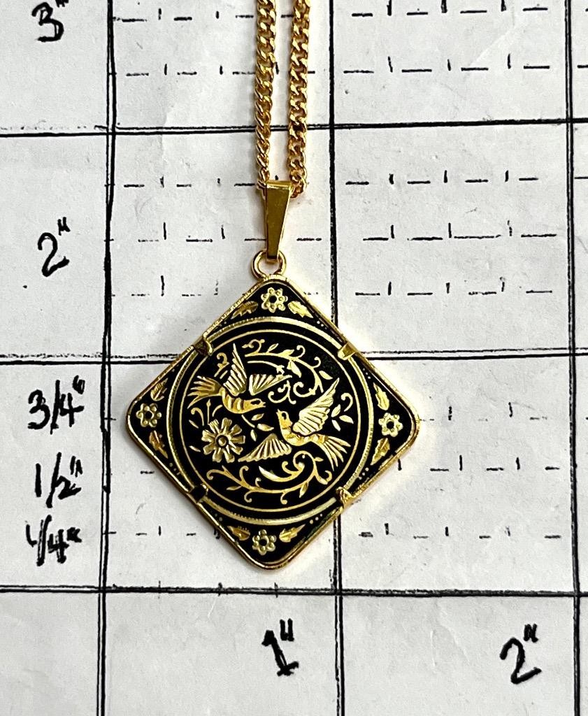 Vintage Damascene Toledo Spain Black Enamel Square Pendant 24” chain #8-8
