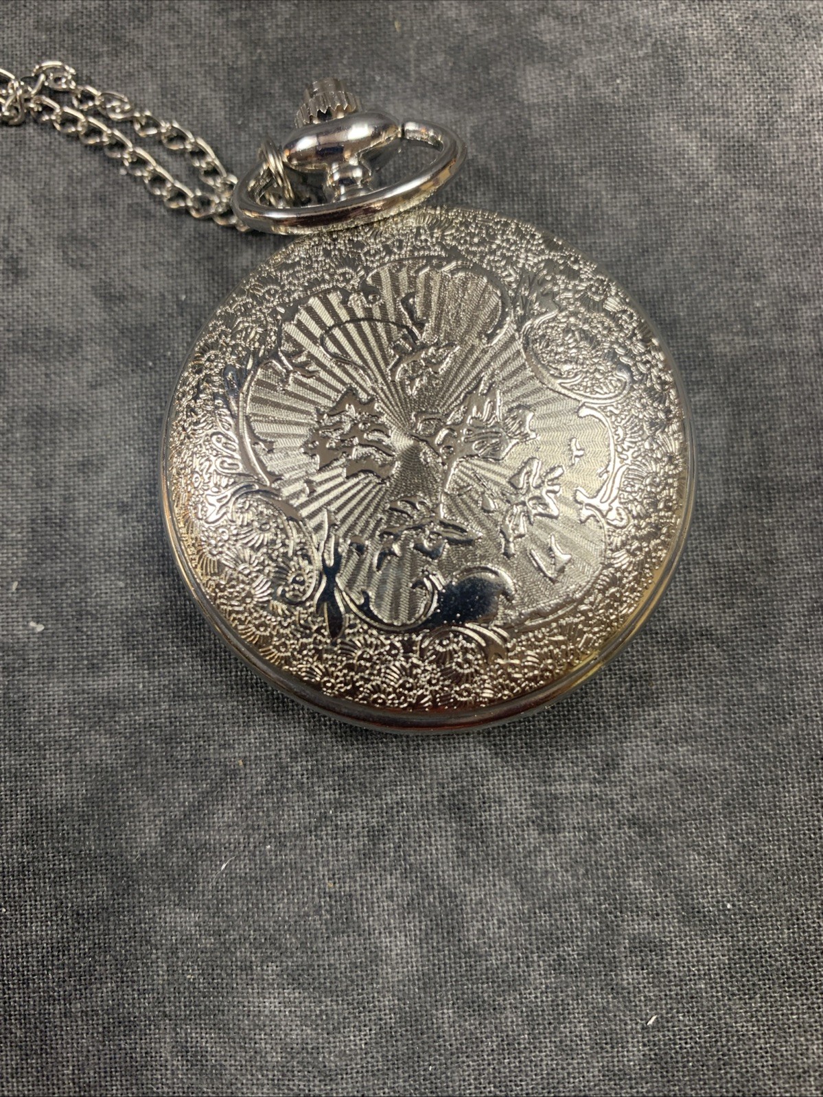 Strada Pocket Watch Necklace Silver Case & 26” Necklace Floral Painted Top W/Box