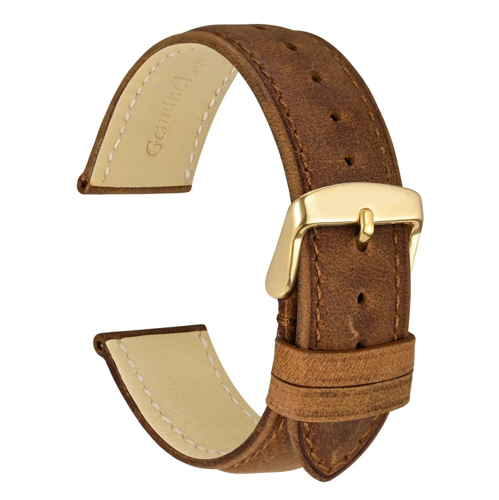 WOCCI 18mm Genuine Leather Watch Band with Gold Buckle (Caramel Brown)