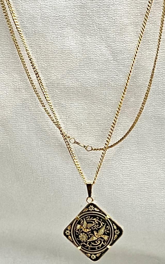 Vintage Damascene Toledo Spain Black Enamel Square Pendant 24” chain #8-8