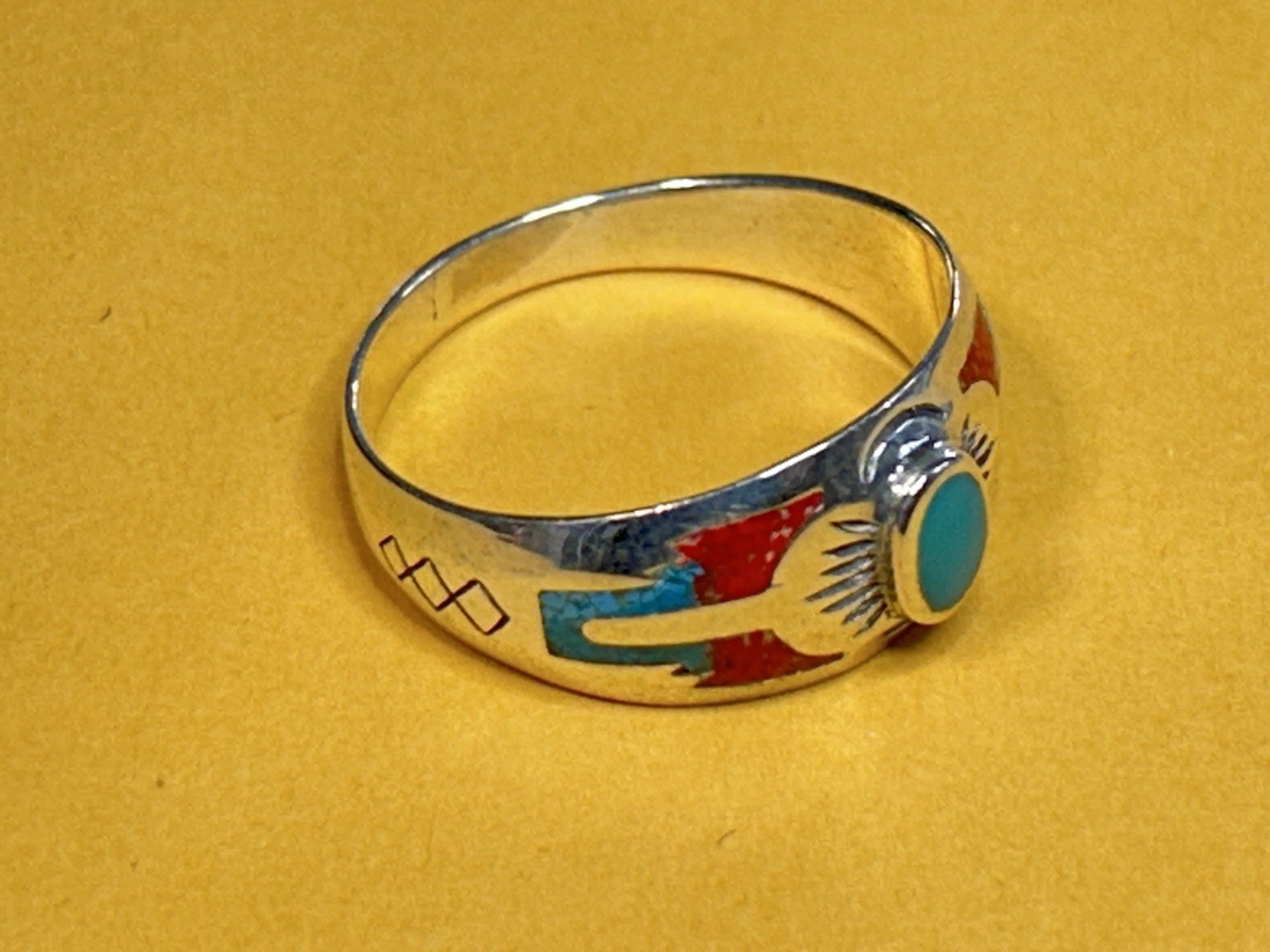 Southwest Silver Ring Native American Indian Style Turquoise with Red Coral
