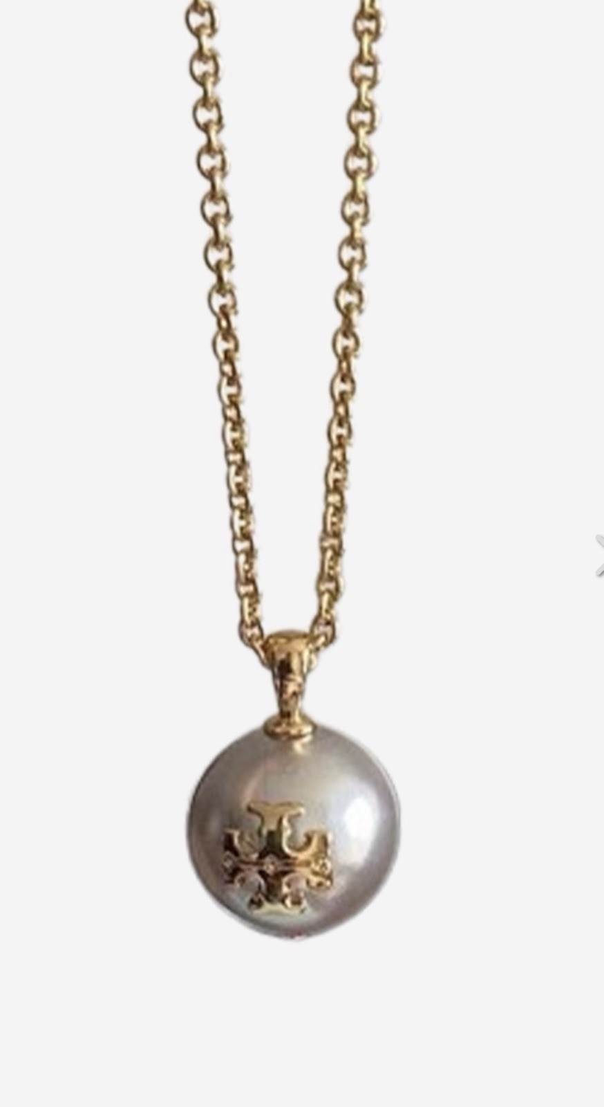 Tory Burch Gray Pearl With Logo Chain Necklace