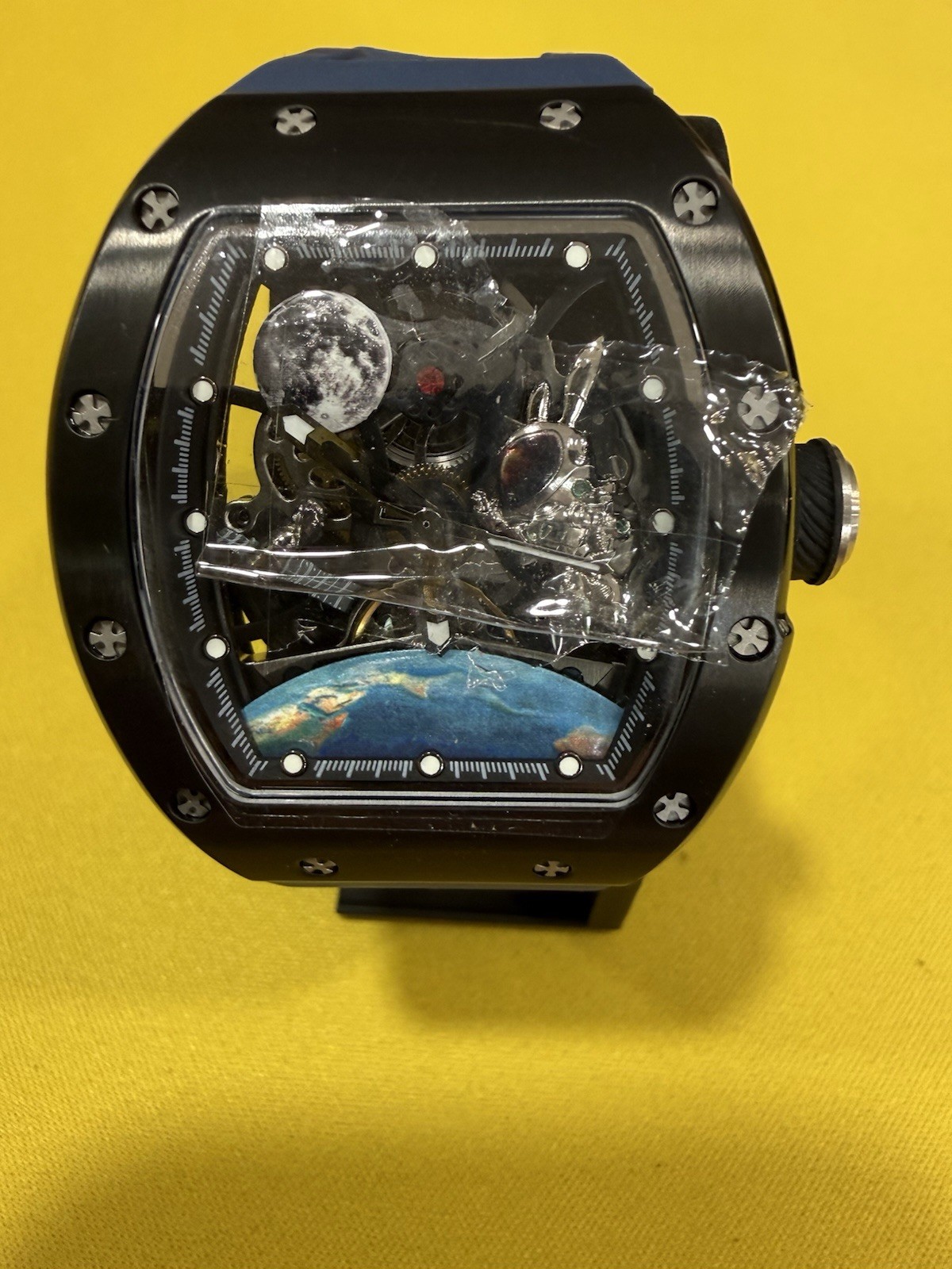 Invicta Automatic Skeleton Dial Tonneau Black Steel Case Blue Silicone Strap